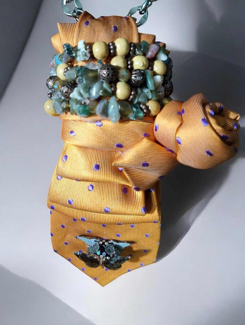 Handcrafted Orange Polka Dot Tie Pendant Necklace with Silver Chain Collar - Picture 4 of 5